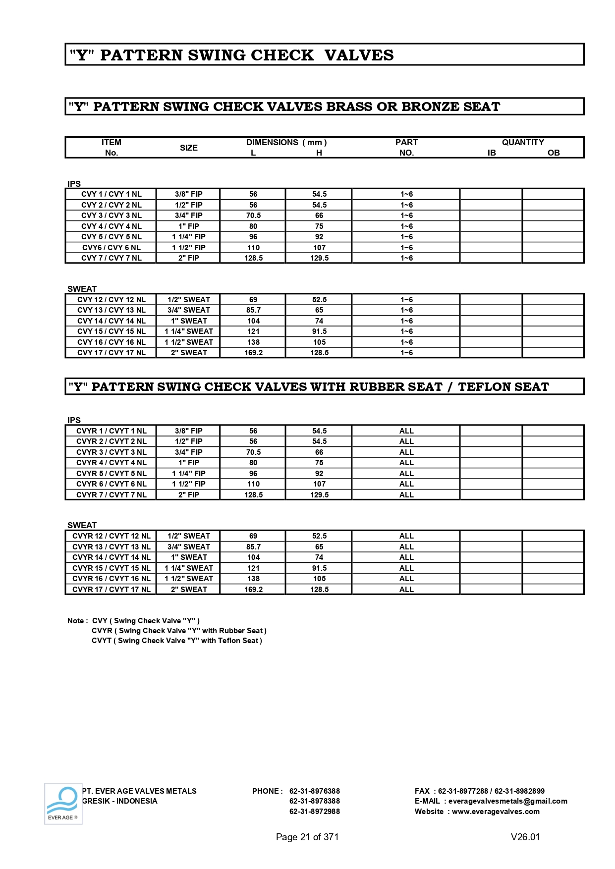  Y PATTERN SWING CHECK VALVES - CVY 1-20, CVYR,CVYT 1-7, 12-17